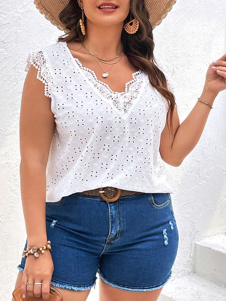 SHEIN VCAY Plus Eyelet Embroidery Contrast Lace Scallop Trim Tee - White - View 1