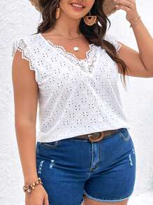 SHEIN VCAY Plus Eyelet Embroidery Contrast Lace Scallop Trim Tee - White - View 4