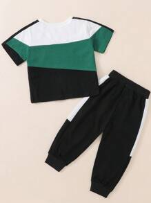 2pcs Babys' Summer Color Block Short Sleeve Top And Casual Pants Set For Sports