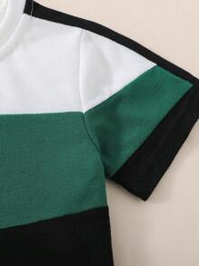 2pcs Babys' Summer Color Block Short Sleeve Top And Casual Pants Set For Sports