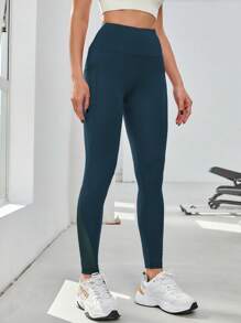 Easithlete 网眼插入式手机口袋侧宽腰运动紧身裤女式瑜伽裤 - 水鴨藍 - 查看 6