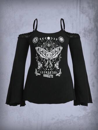 Goth Plus Butterfly Print Cold Shoulder Tee
