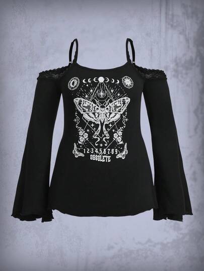 Goth Camiseta con estampado de mariposa de hombros descubiertos