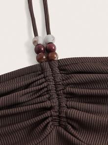 ROMWE Goth 素色繞頸抽繩褶邊後背繫帶連衣裙 - 巧克力棕 - 查看 4