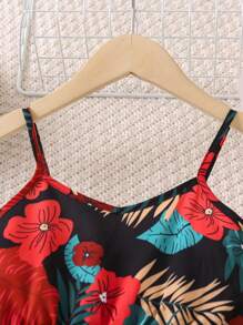 SHEIN 女小童熱帶圖案度假風格極簡細肩帶洋裝適合夏天 - 彩色 - 查看 3