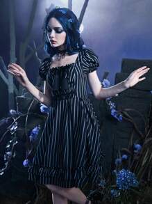 ROMWE Goth Striped Print Puff Sleeve Bow Decor Ruffle Hem Dress - Black and White - View 3