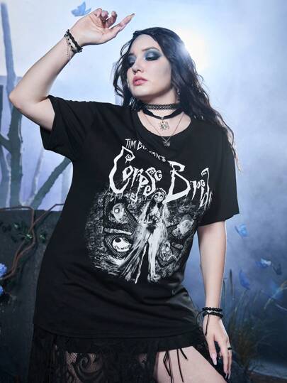 Corpse Bride | ROMWE Plus Figure & Letter Graphic Tee, School, Summer
