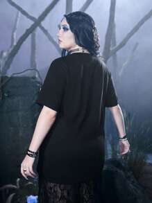 Corpse Bride | ROMWE Camiseta con estampa de figura y letra, para escuela y verano, talla grande - Negro - Ver 2