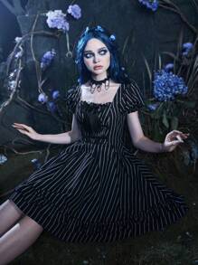 ROMWE Goth Striped Print Puff Sleeve Bow Decor Ruffle Hem Dress - Black and White - View 5