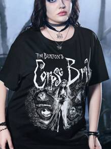 Corpse Bride | ROMWE Camiseta con estampa de figura y letra, para escuela y verano, talla grande - Negro - Ver 3