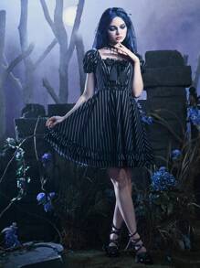 ROMWE Goth Striped Print Puff Sleeve Bow Decor Ruffle Hem Dress - Black and White - View 6