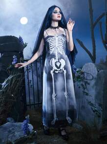 ROMWE Goth Vestido de tirantes estampado de esqueleto de malla - Gris - Ver 3