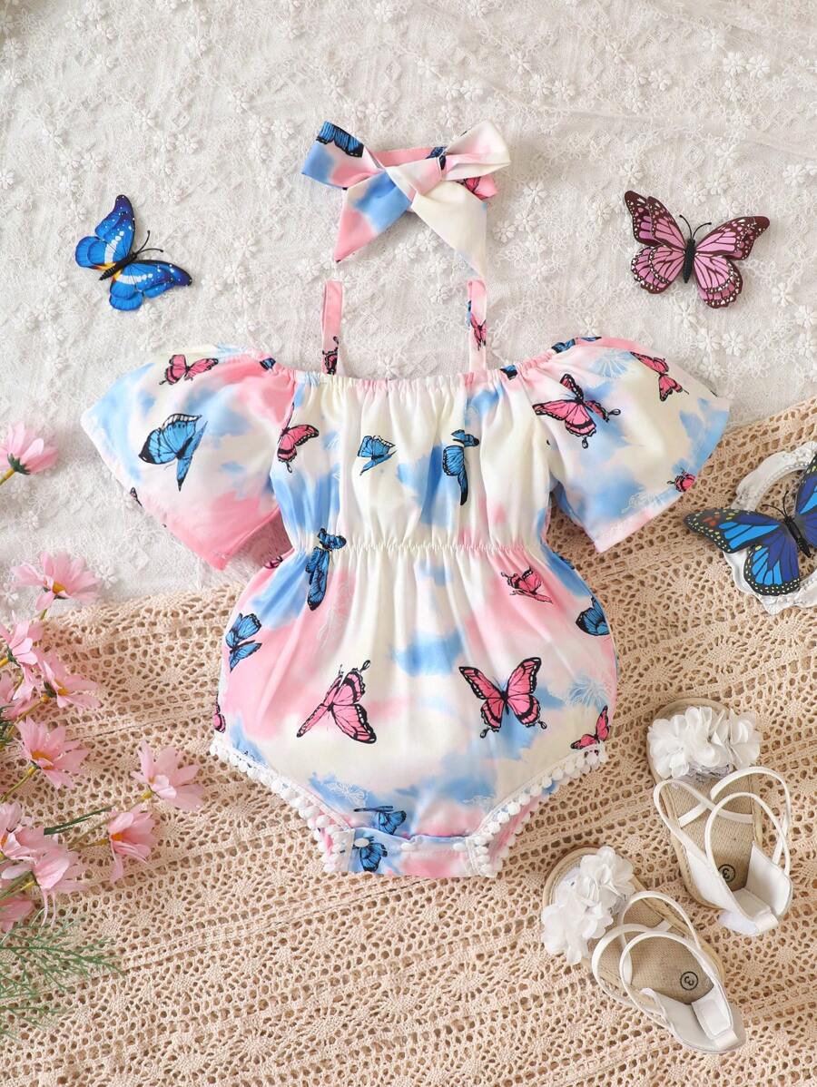 嬰兒蝴蝶圖案挖肩連體衣和頭巾 - 彩色 - 查看 1