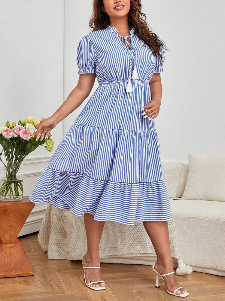 SHEIN VCAY プラス 縞模様プリント タイネック フリル裾 ドレス - ダスティブルー - 見る 4