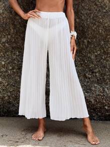 SHEIN Swim 素色褶皺闊腿罩衫長褲 - 白色 - 查看 5
