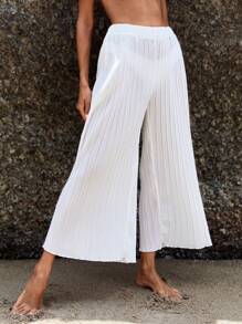 SHEIN Swim 素色褶皺闊腿罩衫長褲 - 白色 - 查看 3