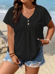 SHEIN LUNE 大碼紐扣細節蝙蝠袖T恤 - 黑色 - 查看 3