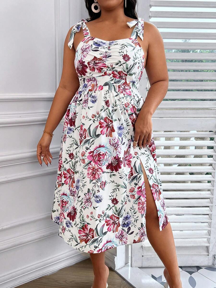 SHEIN Holidaya Đầm Plus Size Thắt nút Xù Tách cao Hoa Boho - trắng - Xem 1