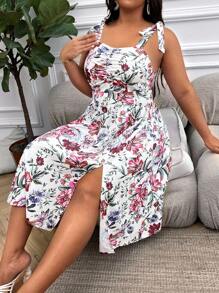 SHEIN Holidaya Đầm Plus Size Thắt nút Xù Tách cao Hoa Boho - trắng - Xem 5