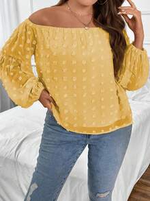 SHEIN Clasi 大碼圓點一字肩燈籠袖襯衫 - 黃色 - 查看 5