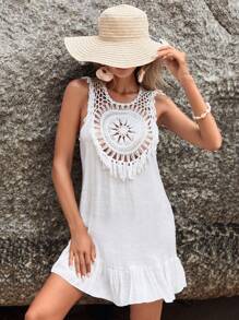 SHEIN Crochet Panel Ruffle Hem Cover Up - White - View 1