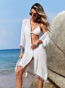 SHEIN Tassel Trim Open Front Kimono - White - View 8