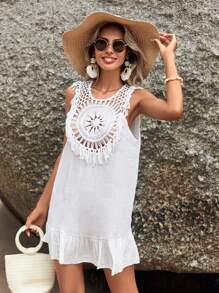 SHEIN Crochet Panel Ruffle Hem Cover Up - White - View 4