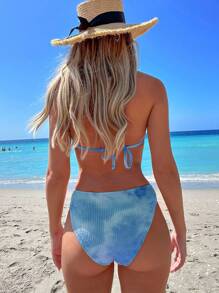 Swim Lushoire Summer Beach Tie Dye Ribbed Bikini Set Halter Triangle Bra & Bikini Bottom 2 Pieces Bikini