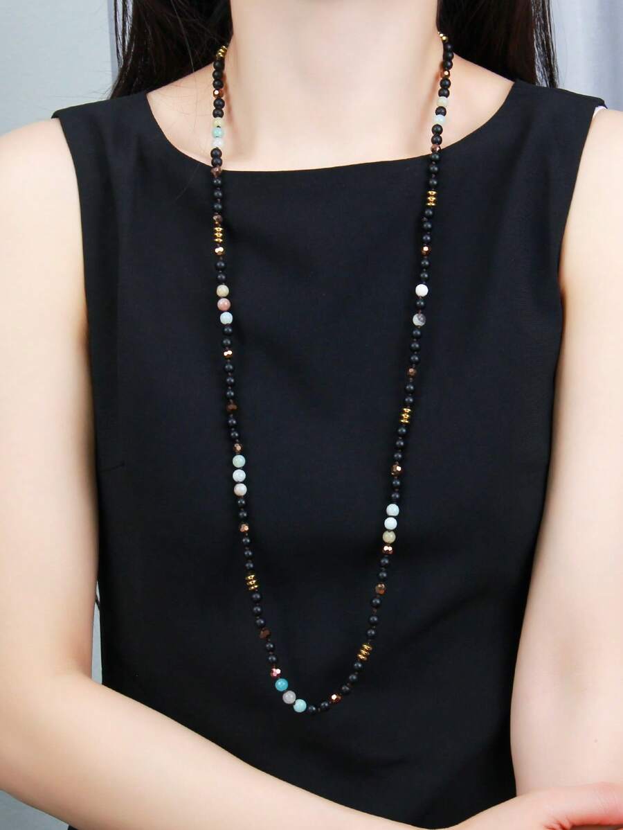 1 pieza Collar largo sencillo elegante negro artificial con cuentas de cristal para mujeres - Multicolor - Ver 1