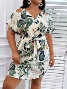 SHEIN LUNE Plus Tropical Print Batwing Sleeve Belted Dress