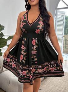 SHEIN Holidaya Plus Floral Print Halter Neck Backless Dress - Multicolor - View 1