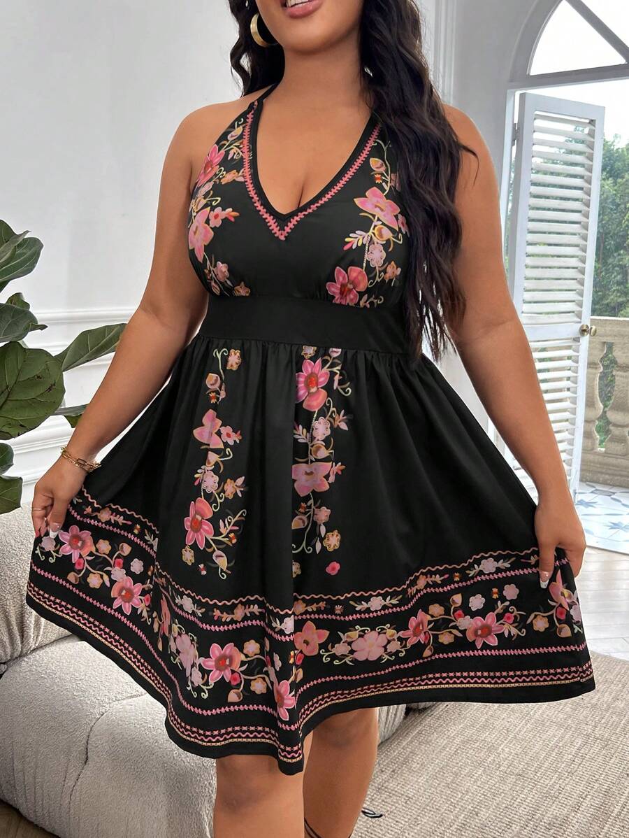 SHEIN Holidaya Plus Floral Print Halter Neck Backless Dress - Multicolor - View 1