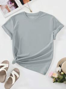 SHEIN LUNE Áo thun nữ màu trơn Giải trí - Màu Xám nhạt - Xem 1