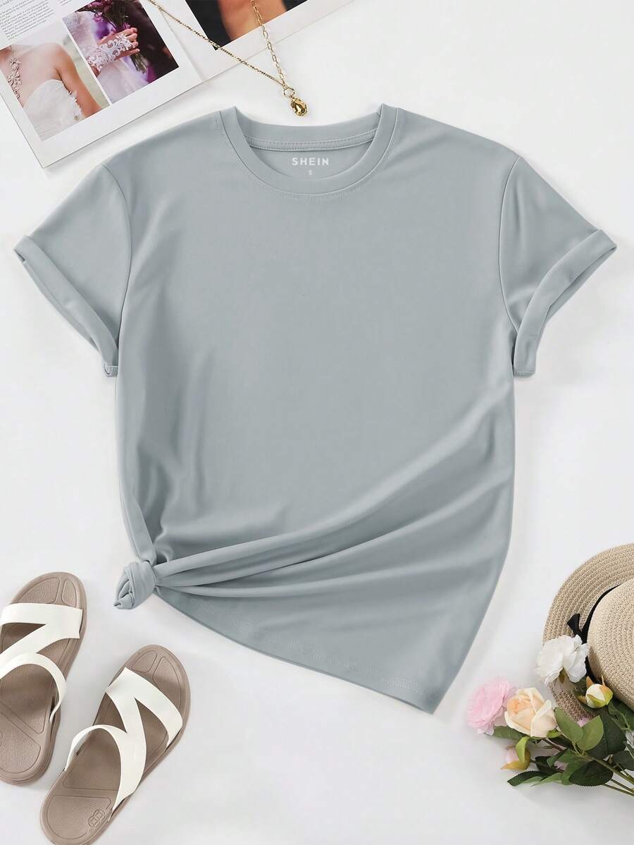 SHEIN LUNE Áo thun nữ màu trơn Giải trí - Màu Xám nhạt - Xem 1