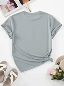 SHEIN LUNE Áo thun nữ màu trơn Giải trí - Màu Xám nhạt - Xem 2