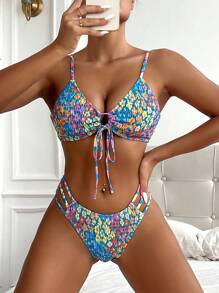 Ditsy Floral Print Drawstring Front Cut Out Bikini Set - Multicolor - View 3