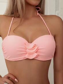 SHEIN Swim Áo Tops Bikini Nữ Xù Buộc lại màu trơn - Màu Hồng baby - Xem 3