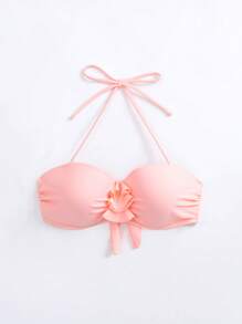 SHEIN Swim Áo Tops Bikini Nữ Xù Buộc lại màu trơn - Màu Hồng baby - Xem 5