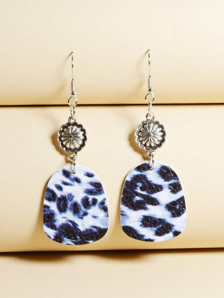 1對時尚PU聚氨酯豹紋圖案幾何和花耳墜適合女士日常裝飾 - 彩色 - 查看 1