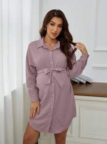 Maternity Drop Shoulder Belted Shirt Dress - Mauve Purple - View 1
