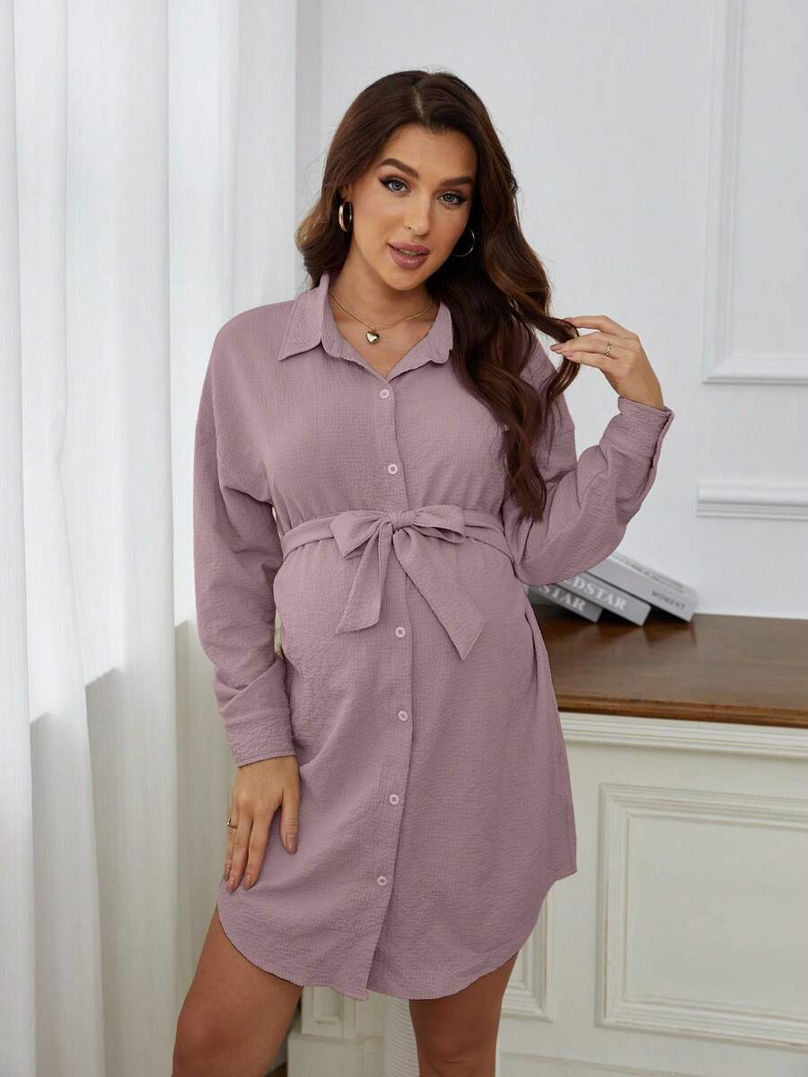 Maternity Drop Shoulder Belted Shirt Dress - Mauve Purple - View 1