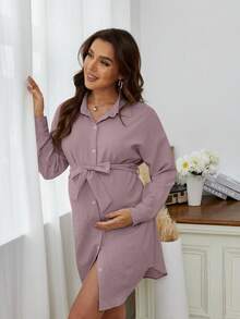 Maternity Drop Shoulder Belted Shirt Dress - Mauve Purple - View 3