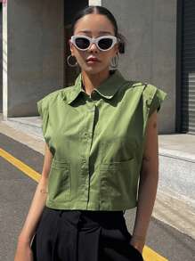 DAZY Solid Button Front Pocket Patched Shirt - Green - View 3