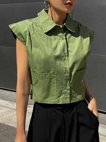 DAZY Solid Button Front Pocket Patched Shirt - Green - View 4