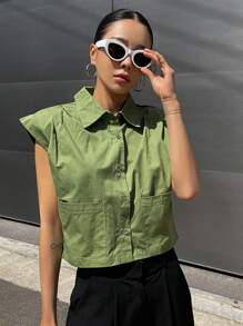 DAZY Solid Button Front Pocket Patched Shirt - Green - View 5