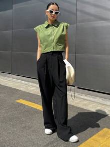 DAZY Solid Button Front Pocket Patched Shirt - Green - View 6