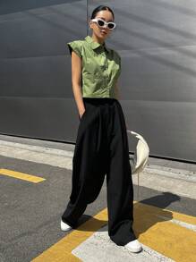 DAZY Solid Button Front Pocket Patched Shirt - Green - View 8