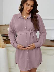 Maternity Drop Shoulder Belted Shirt Dress - Mauve Purple - View 7