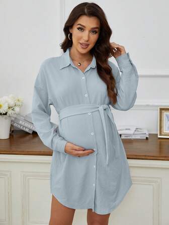 Maternidad Vestido camisero de hombros caídos con cinturón