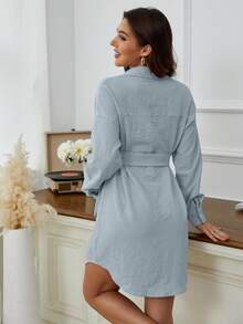 Maternity Drop Shoulder Belted Shirt Dress - Baby Blue - View 2